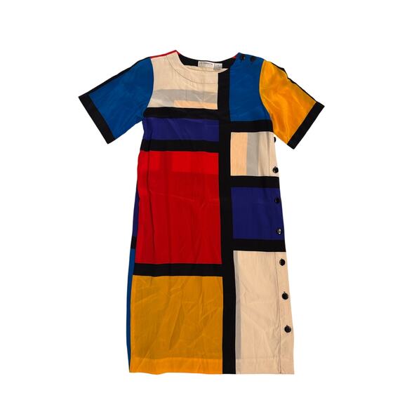 Vintage Liz Claiborne Colorblock Dress 100% Silk Size 8 Button Side - Picture 1 of 5